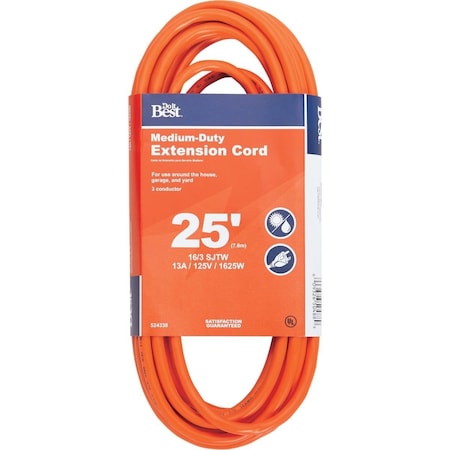 All-Source SJTW Extension Cord, 16 AWG, Outdoor, 16/3, 1 Outlets, Orange, 25 ft OU-JTW163-25-OR